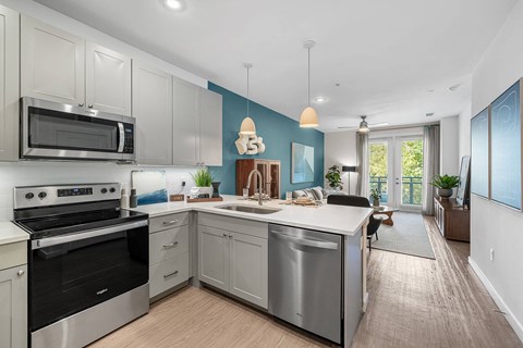 a kitchen with stainless steel appliances and a counter top